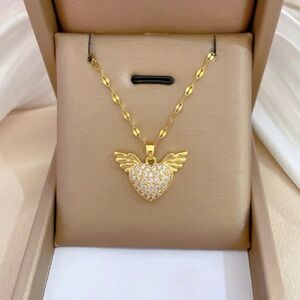 Gold Filled Cubic Zirconia Heart Wings Angel Necklace